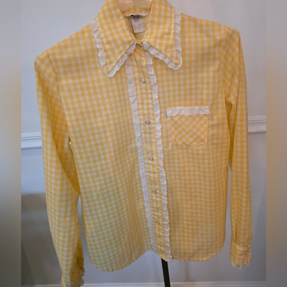 Vintage 70's Levis Gals Yellow & White Gingham Check Shirt Eylet Western Revival